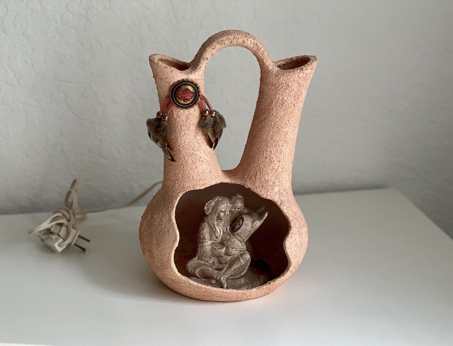 Vintage Signed Pottery Mother and Children Navajo Wedding Vase Table Lamp Test